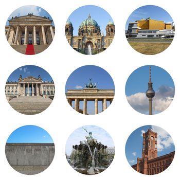 Berlin landmarks collage with Konzert Haus, Dom (Cathedral), Philharmonie, Reichstag (Parliament), Brandenburger Tor, Fernsehturm (television tower), Wall, Neptune Fountain, Rotes Rathaus