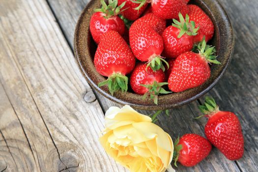 Bowl with fresh strawberries and yellow rose