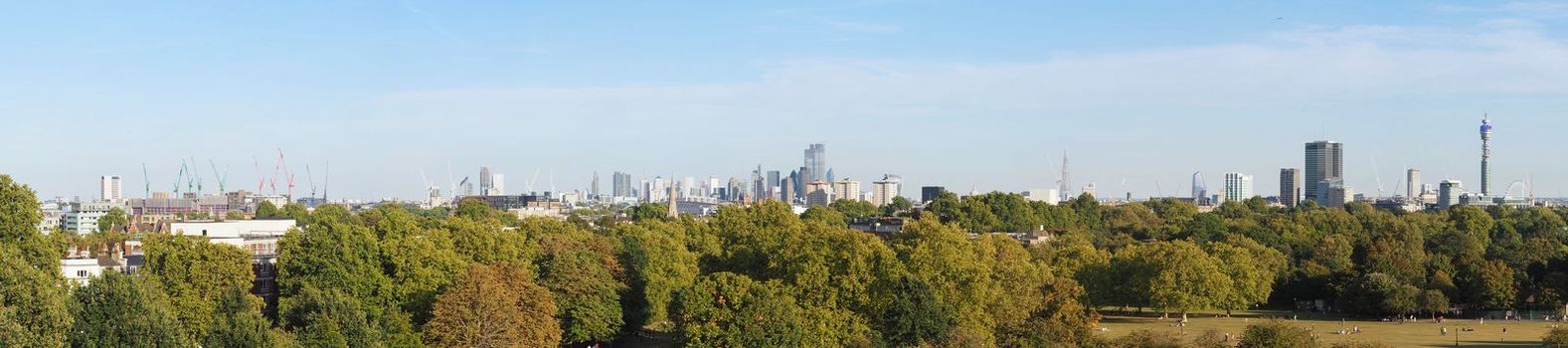LONDON - CIRCA SEPTEMBER 2019: Wide panoramic view of London skyline seen from Primrose Hill, high resolution