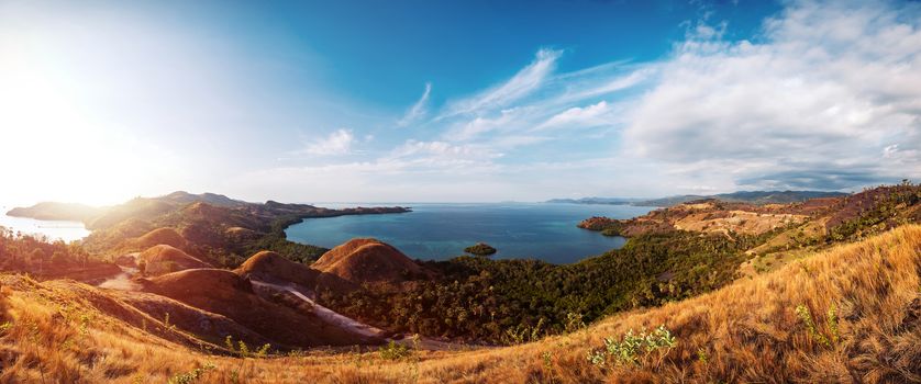 Colorful sunny day panorama at Amelia sunset point, Labuan Bajo, Flores Island, Indonesia.