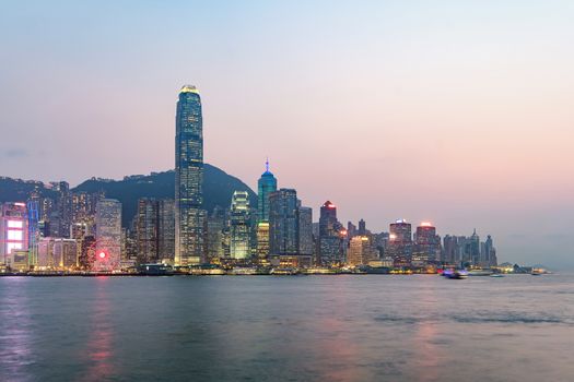 Hong Kong skyline on the evening seen from Kowloon, Hong Kong, China.