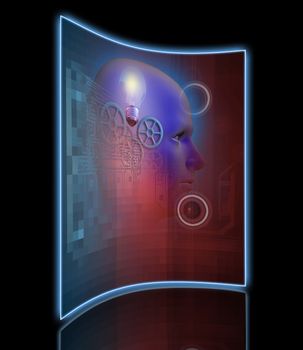 technology background in blue end red and profile of a man with gears and a light bulb  made in3d software
