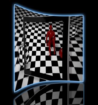 Checkered composition with man end ball   made in 3d