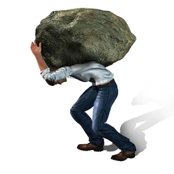 Concept of stress -  man with a big rock made in 3d software