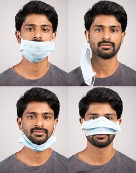 Collage of young man in improper way of using medical face masks - Awareness concept to ware mask, to protect from coronavirus or covid-19 pandemic.