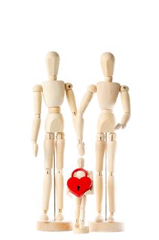 father, mother and son on Valentines Day. Dummies isolated on white background