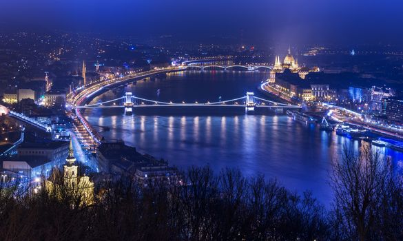 Night aerial panorama of Budapest, popular tourist destination in Europe, Hungary