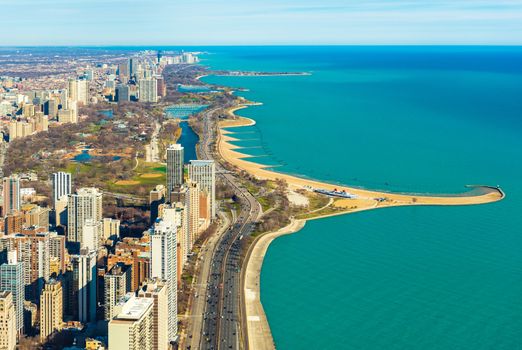 Aerial panorama of Chicago and Lake Michigan. North Avenue beach. Illinois, USA