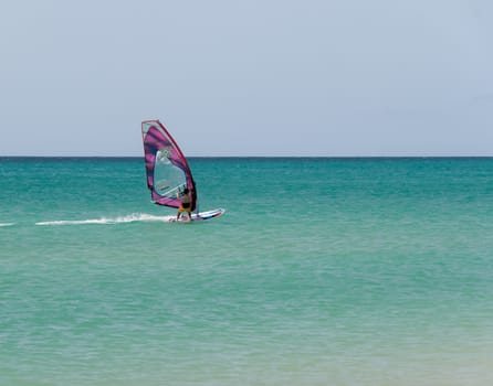 One windsurfer in a turquoise beach