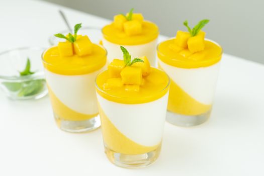 Italian dessert mango panna cotta decorated with fresh mango and mint