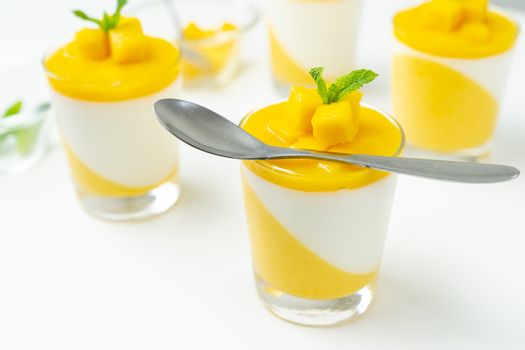 Italian dessert mango panna cotta decorated with fresh mango and mint