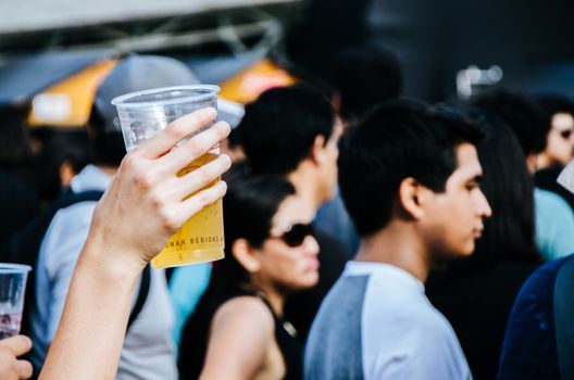 Hand with a beer in the middle of the crowd