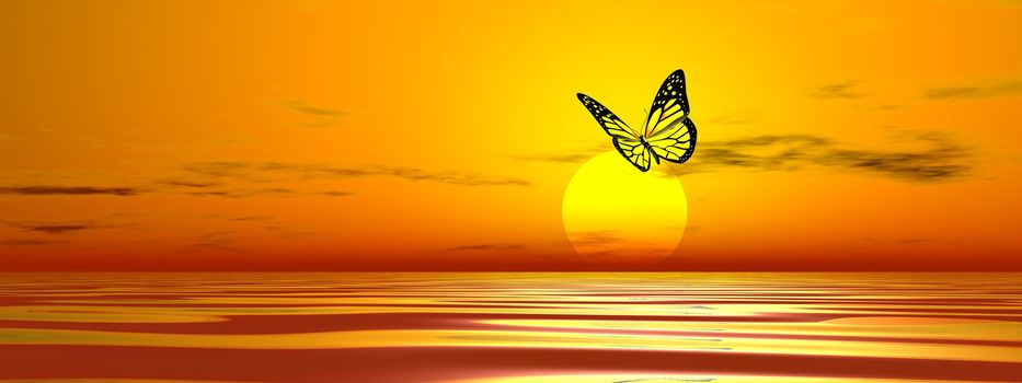Butterfly flying upon the ocean to the sun by sunset- 3D render