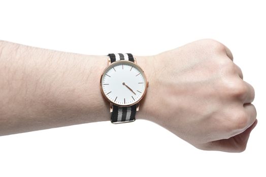 Man looking his watch isolated on white background. Time concept