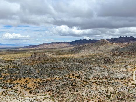 Aerial view of Joshua Tree National Park. American national park in southeastern California. Panoramic view of Arid desert.