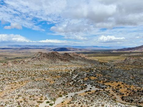 Aerial view of Joshua Tree National Park. American national park in southeastern California. Panoramic view of Arid desert.