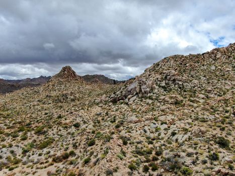 Aerial view of Joshua Tree National Park. American national park in southeastern California. Panoramic view of Arid desert.