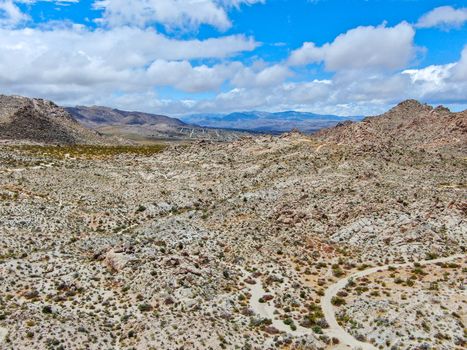 Aerial view of Joshua Tree National Park. American national park in southeastern California. Panoramic view of Arid desert.