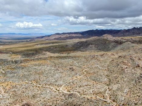 Aerial view of Joshua Tree National Park. American national park in southeastern California. Panoramic view of Arid desert.