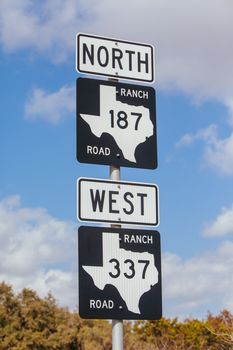 A highway road sign near Bandera in Texas, USA