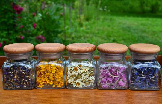 Collection of small transparent jars with colored flowers