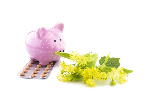 Conceptual of the cost of healthcare and medicine with ceramic piggy bank tablets and freshly picked yellow linden flowers over a white background