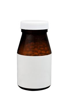 healthcare and medicine concept. medicine glass bottle with blank label. pills box. brown medical container with white label isolated on white background with clipping path