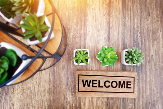 warm welcome sign for business concept. wooden welcome sign on table decorate with little cactus and copy space for your text, top view with yellow light to make warm feeling