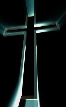 Wooden cross with rays behind on black  made in 3d software