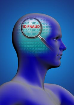 profile of a man with close up of magnifying glass on ID fraud  made in 2d software