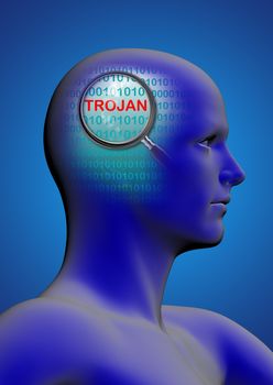 profile of a man with close up of magnifying glass on trojan  made in 2d software