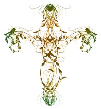 Green Floral Cross made with bevel and  emboss effect isolated on white