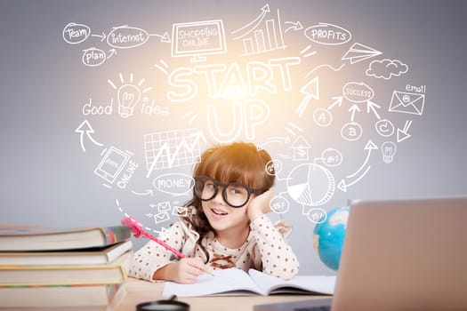 Easy start up business planner management concept : Portrait of a cute girl sitting on office desk with smiley face thinking with a business idea sketch depicted over head.