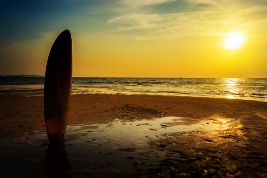 Surfing for water sport outdoor activity lifestyle concept. Silhouette of surfboard on the beach in sea shore at sunset time with beautiful light. water sport background