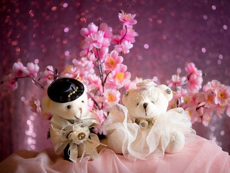 love concept : Couple Teddy Bears in wedding dress , valentine greeting card background