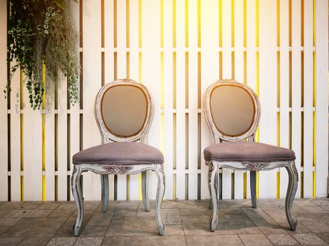 retro vintage grunge chair with copy space - two retro vintage chair against a white wood pallet wall background decorate with hanging ornamental plants.film effect