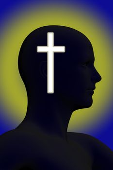 Silhouette of a mans head with glowing cross on it made in 3d software