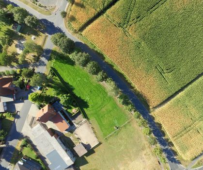 Aerial photograph of meadows and fields in Germany with a curved row of trees and houses