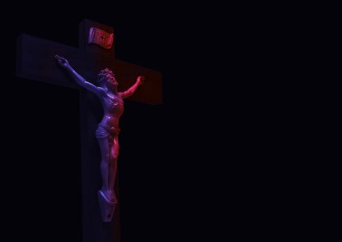 The crucifixion from a tree Jesus's gilt figure.neon futuristic light clipping path include