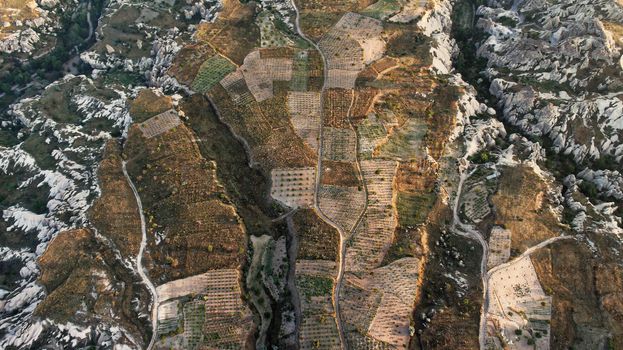 Aerial view of small vegetable fields between the craggy cliffs of Cappadocia, Anatolia, Turkey, from the hot air balloon