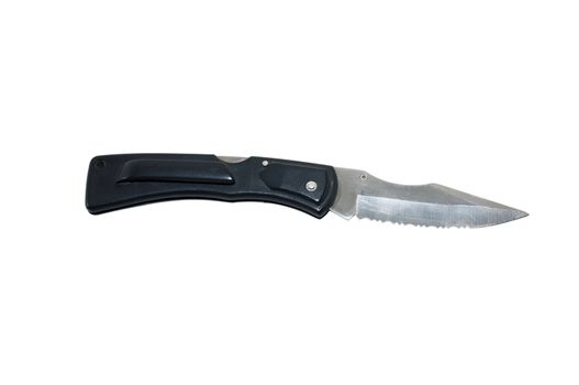 hunting or fishing folding knife with a black handle isolated on white background