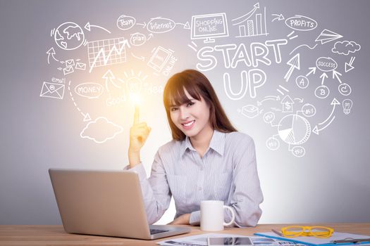 Business, startup, presentation, strategy and people concept :Young Asian business woman with graphic creative idea for startup business sketch plan. Asian woman model in her 30s