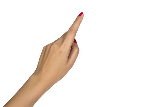Female rasing hand with red nail touching or pointing to something isolated on white background.