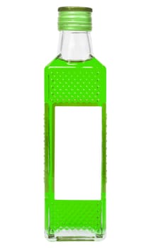 small rectangular glass bottle with acid green liquid isolated on white background.