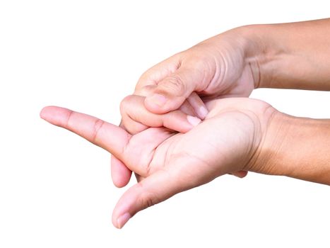 Close-up of adult Thai Asian hand with finger pain, Symptoms of disease trigger finger. isolated on white background with clipping path.