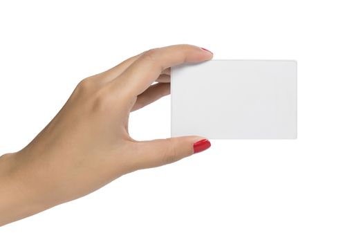 Business card concept : Woman and hold blank business card isolate on white background with copy space , clipping path include