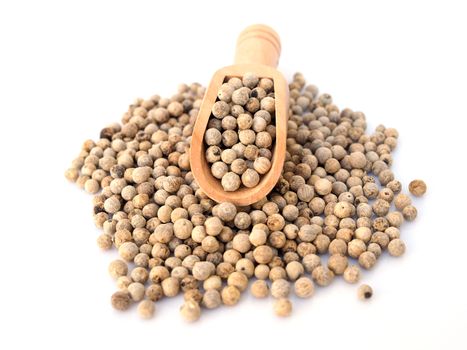 Top view of white pepper seeds in wooden scoop isolated on white background.