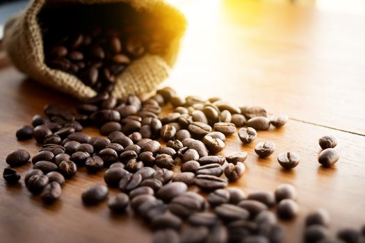 Coffee beans background : Coffee bean on grunge wooden background , selective focus with vintage effect.