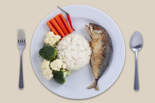 Healthy food concept : mackerel fish with different vegetable topping on rice , clean food