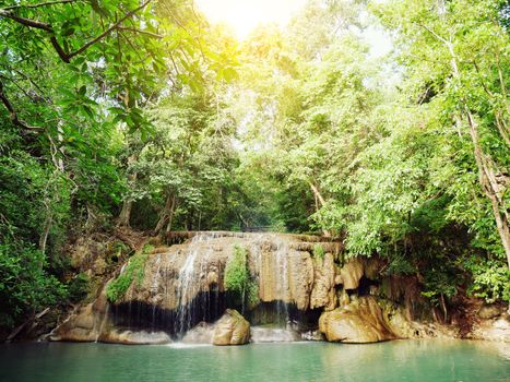 Landscape photo, Erawan Waterfall, beautiful famous waterfall in rain forest at Kanchanaburi province, Thailand